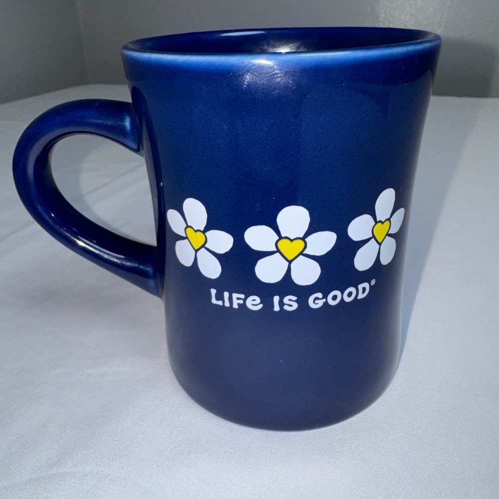 Life is Good Blue Daisy Heart Coffee Mug Cobalt Ceramic Tea Cup 4.5 Inch